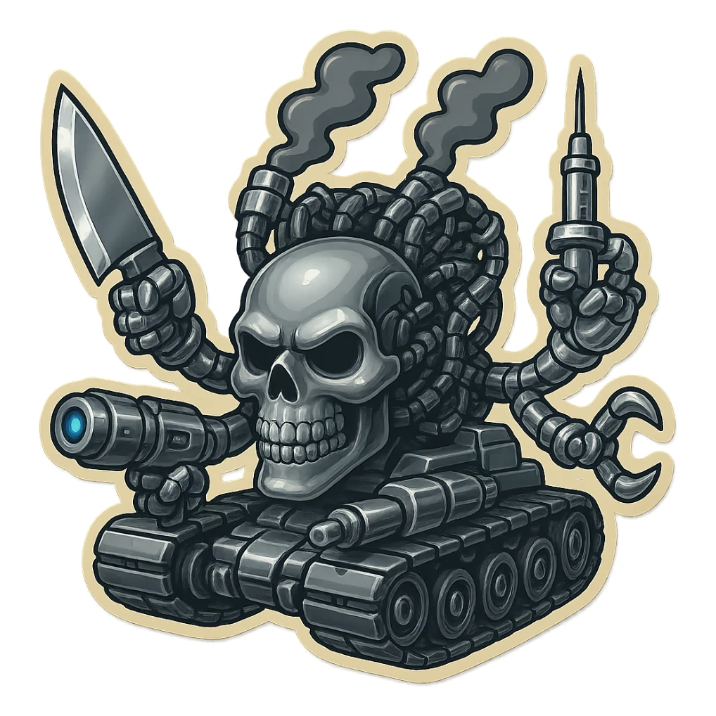 Create a skull robot tank with 4 distinct arms, each hand holding a different weapon: a large industrial blade, a blaster, a menacing syringe, and a claw. The exterior metal is extra shiny silver grey, with inside cables and tech almost black. Smoke from the top is dark shaded. The skull face is dropped down even lower and forward, matching the attached reference. Use retro stickers style with clean outline, compact proportions, and transparent background. sticker