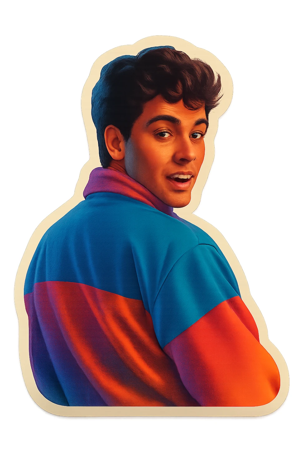 poster inspired by the reference photo, retro stickers style, no text, looking over his shoulder sticker