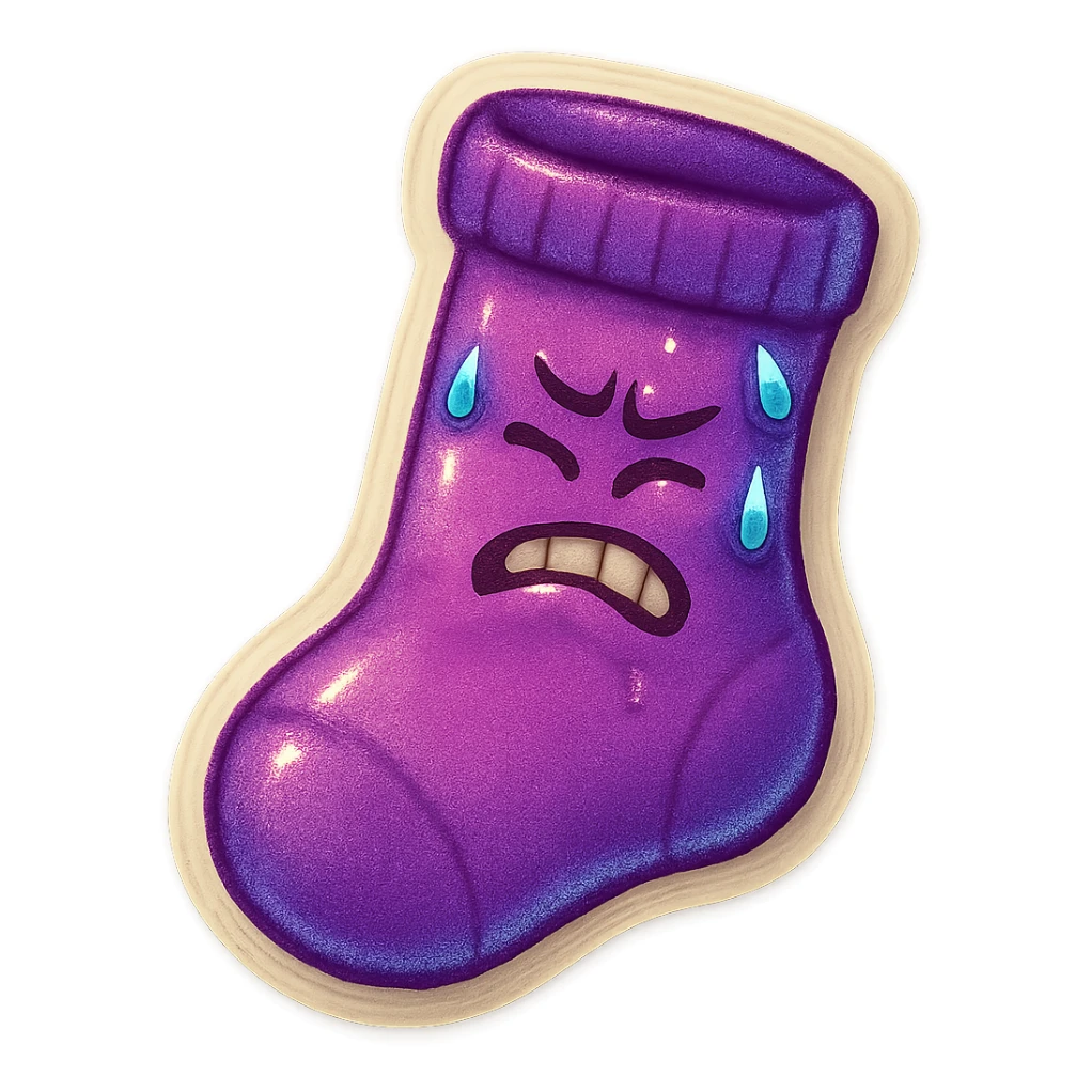 A purple sock with a tilted face, sweating, representing tilt or frustration. sticker