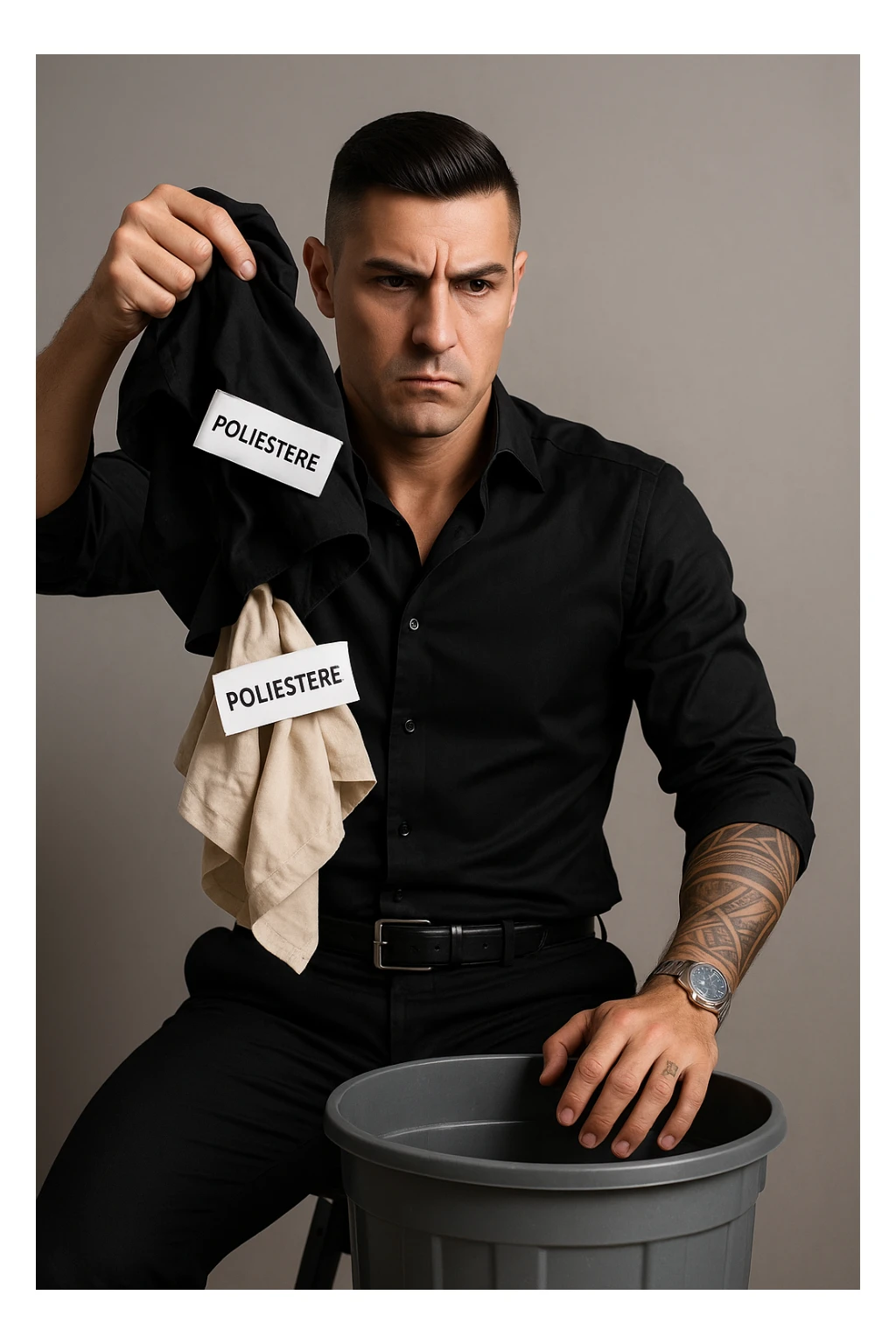 Create a realistic vertical image of a man (like in the reference photo) throwing away clothes with "poliestere" labels. The man has a serious expression, professional atmosphere, natural details, neutral background, and aspect ratio 2:3. sticker