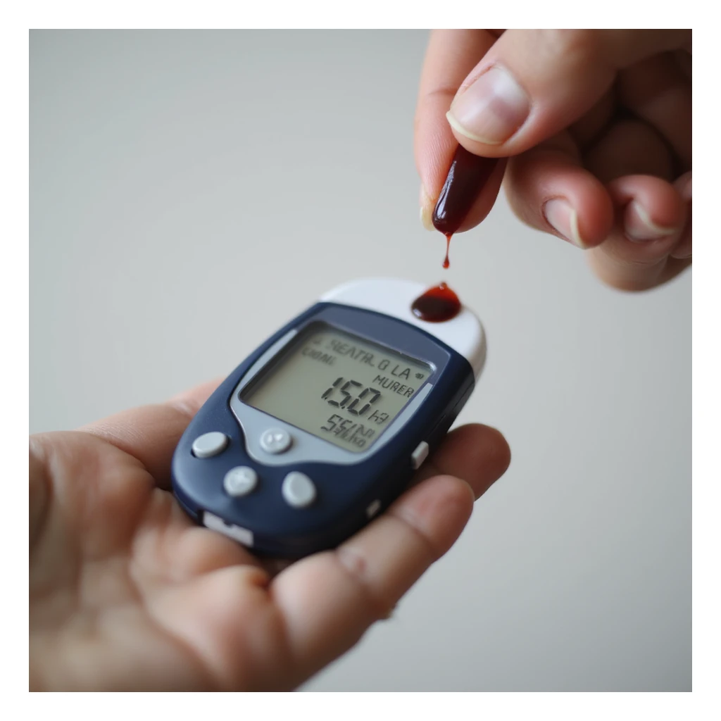 close-up of a glucometer showing high values, next to a hand with a drop of blood, neutral background, Italian text 'Controlla la tua glicemia – Diabete di tipo 2', 4K quality sticker