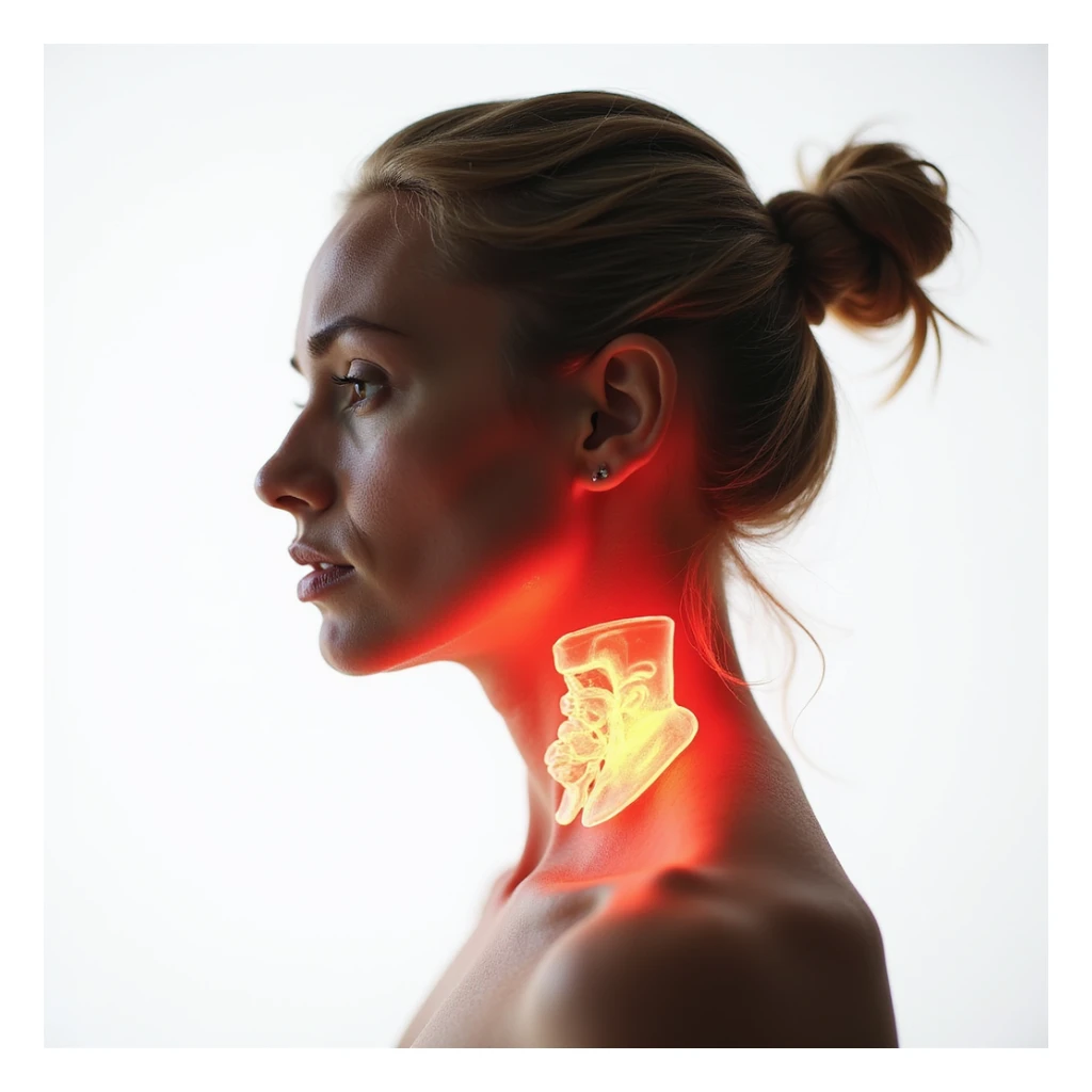 woman profile view, thyroid highlighted in red on the neck, fatigued expression, anatomical focus on thyroid, hyperrealism, 4K, white background sticker