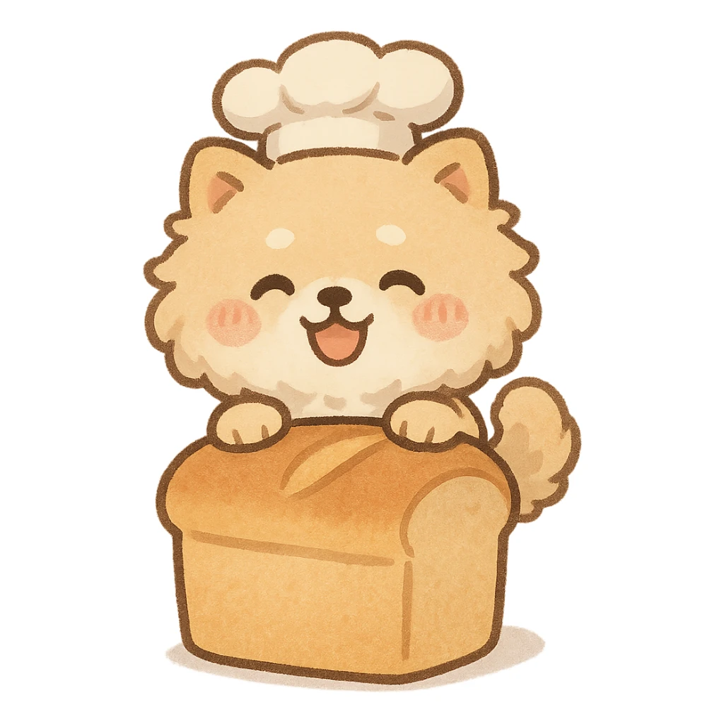chibi style soft fluffy dog as a bread maker, peeking from a bread loaf, cheerful, warm beige, full-body sticker