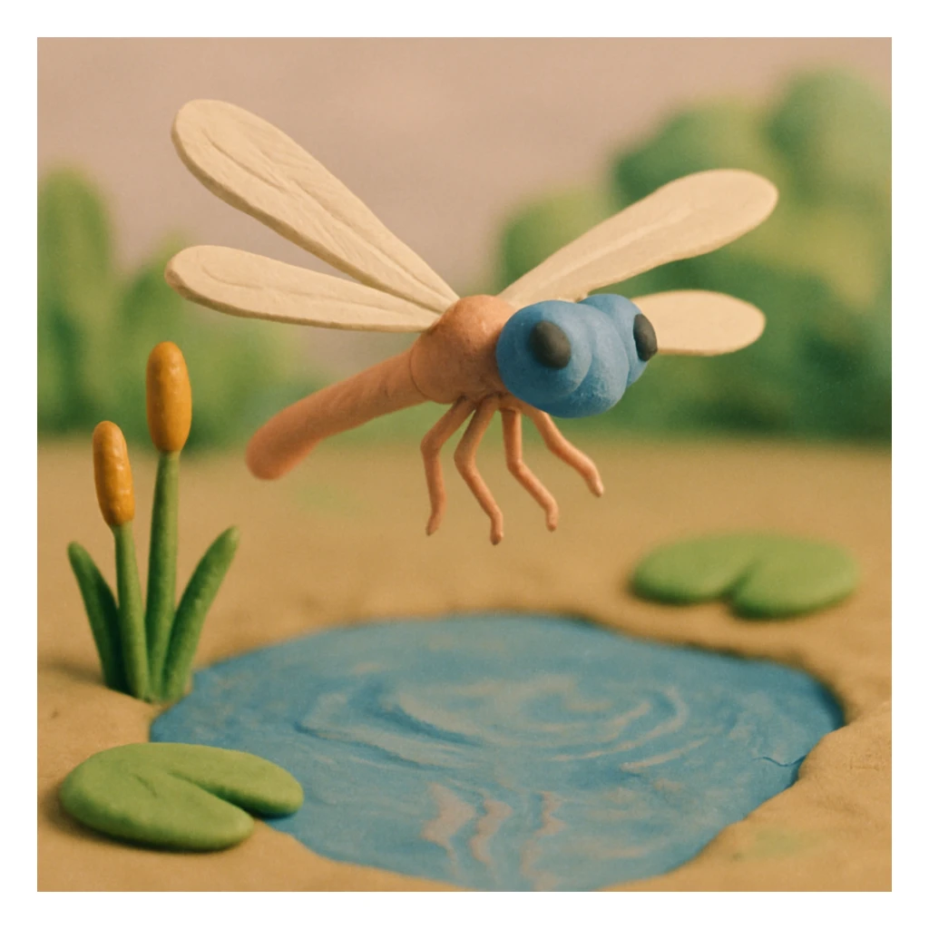 claymation style dragonfly hovering above a pond, soft pastel colors, visible wings and water reflections sticker