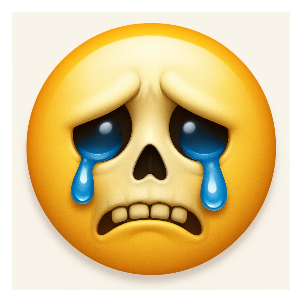 Edit the sad skeleton face emoji exactly like the reference but add tears to its eyes. Maintain the iOS emoji style and add a subtle highlight. Keep all other details and style unchanged. sticker