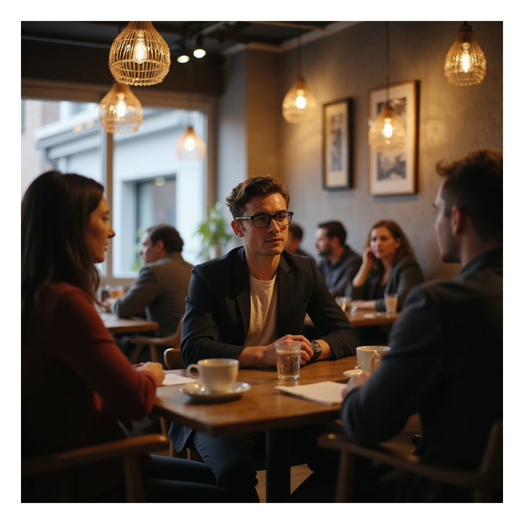 a person talking to a group in a cafe sticker