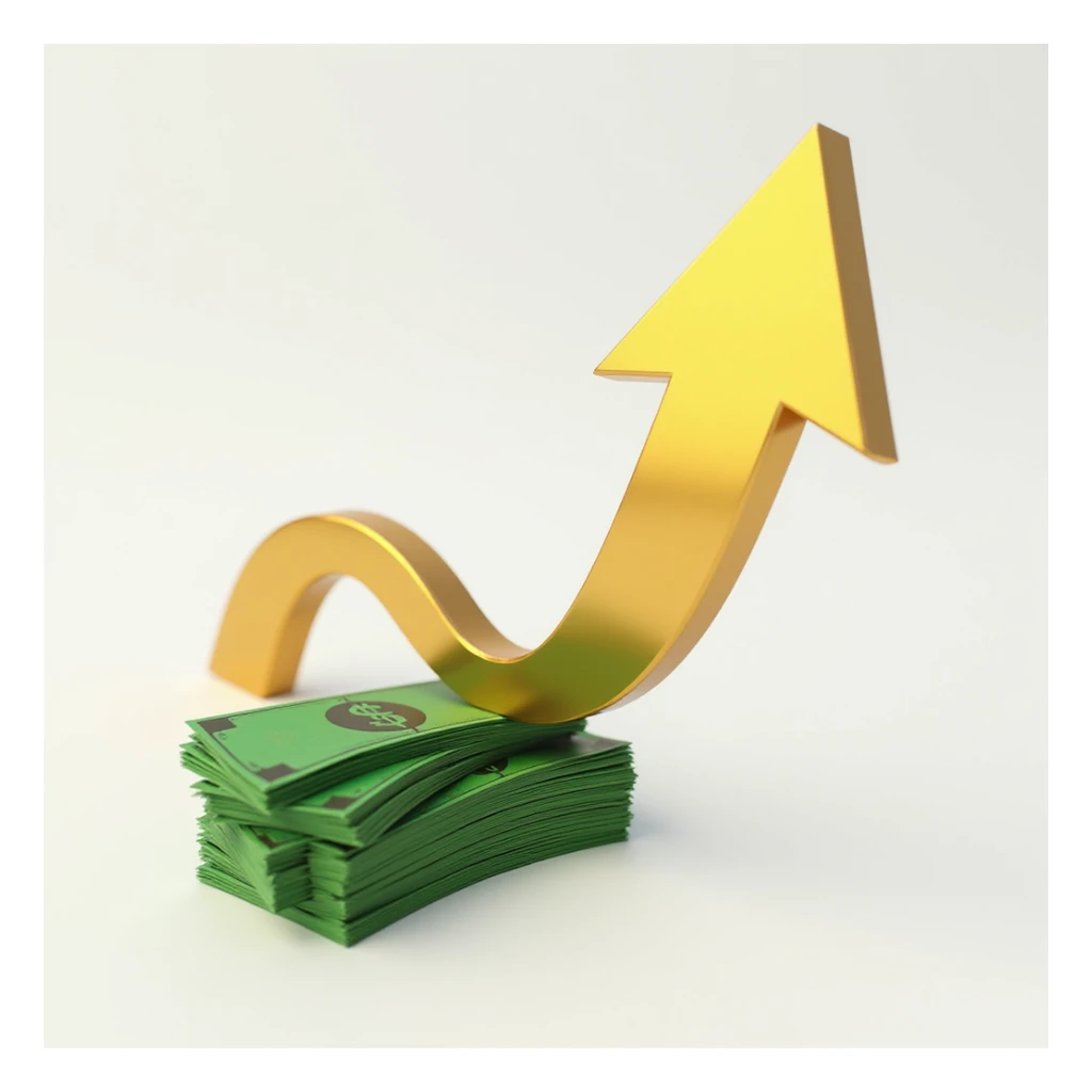 photorealistic 3D golden arrow pointing to the right with a stack of exciting green money beside it sticker