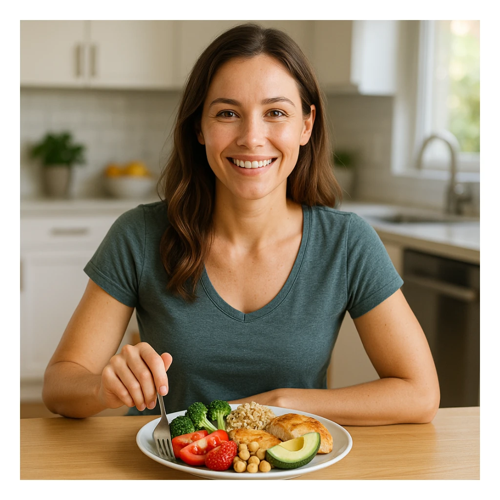 smiling woman with healthy appearance and balanced physique, sitting at a table with a colorful and varied plate including vegetables, whole grains, lean proteins, fruits, and healthy fats, bright atmosphere, hyperrealistic 4K details, domestic environment or modern kitchen sticker