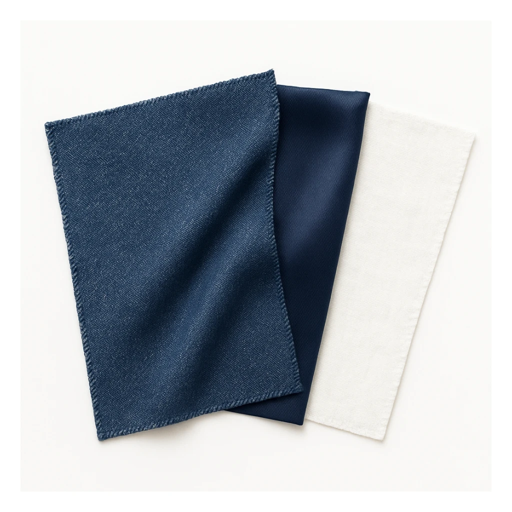 Сгенерируй мне аккуратный, но не квадратный, кусок джинсовой ткани, на чисто белом фоне. И чтобы было три разных ткани, допусти одна джинсовая, вторая шелк, третия хлопок. И они рядом с друг другом, как карты, веером

 sticker