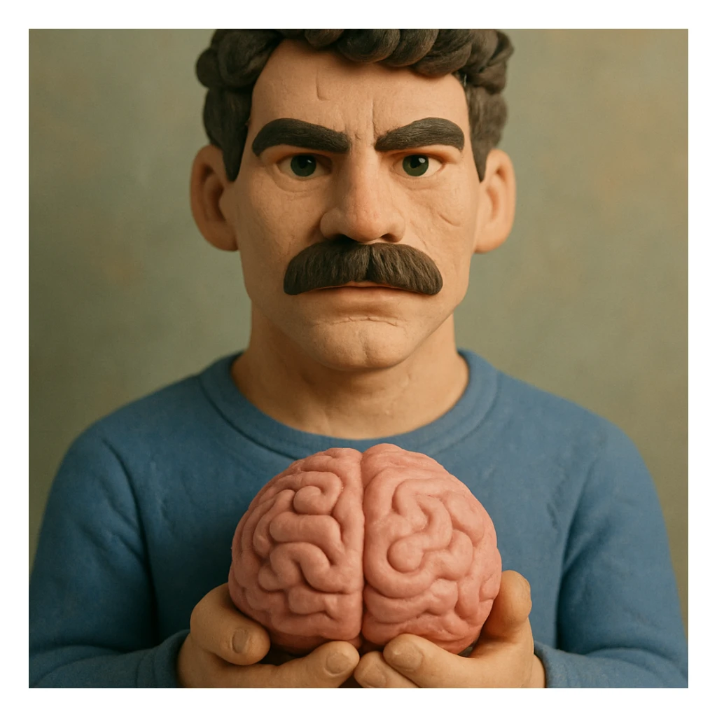 Make the claymation man holding a brain look younger with a more chiseled face, keeping the dark curly hair, thick mustache, light skin, and claymation style with visible fingerprints and pastel colors. sticker