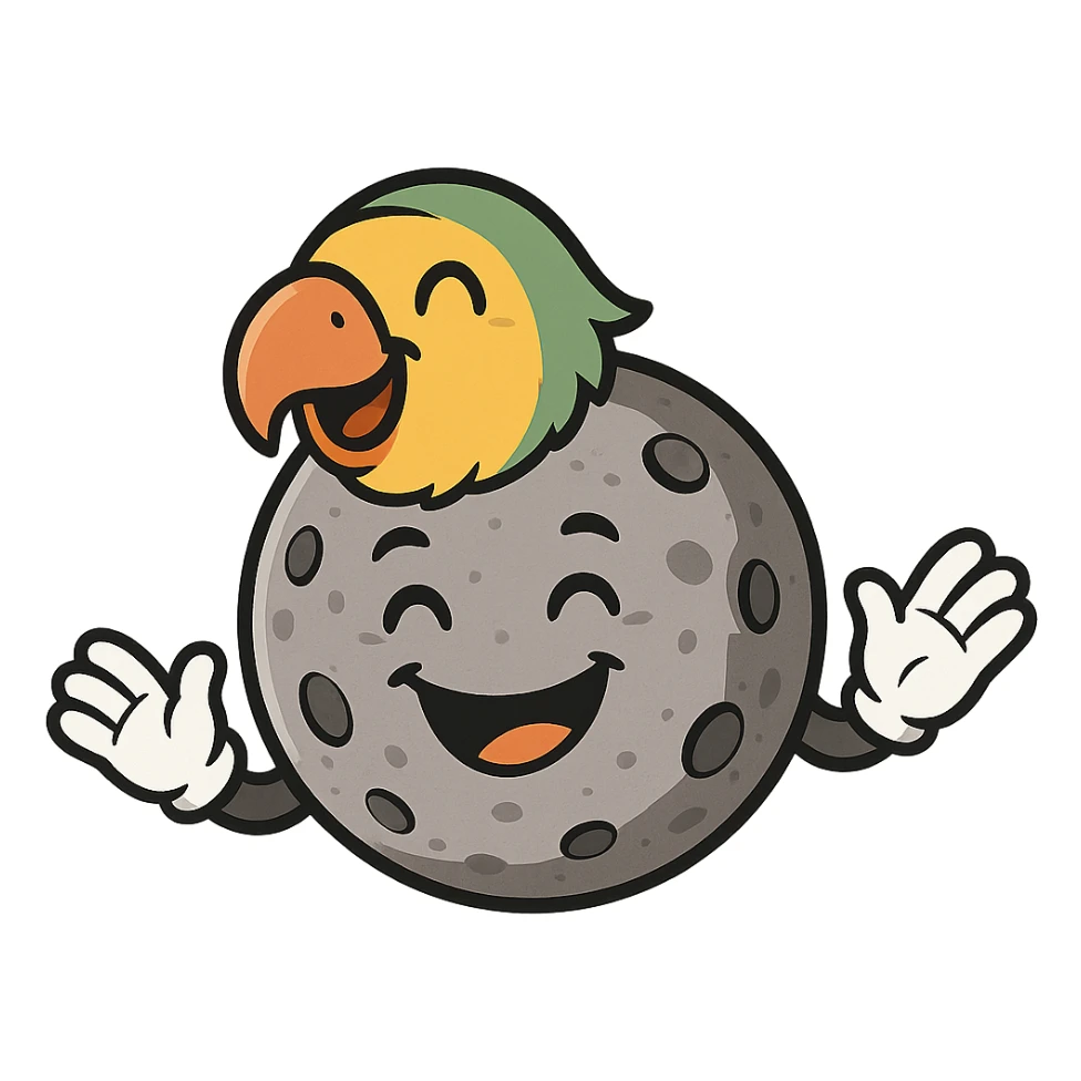 The Moon satellite with a small parrot head, with arms wearing gloves, smiling sticker