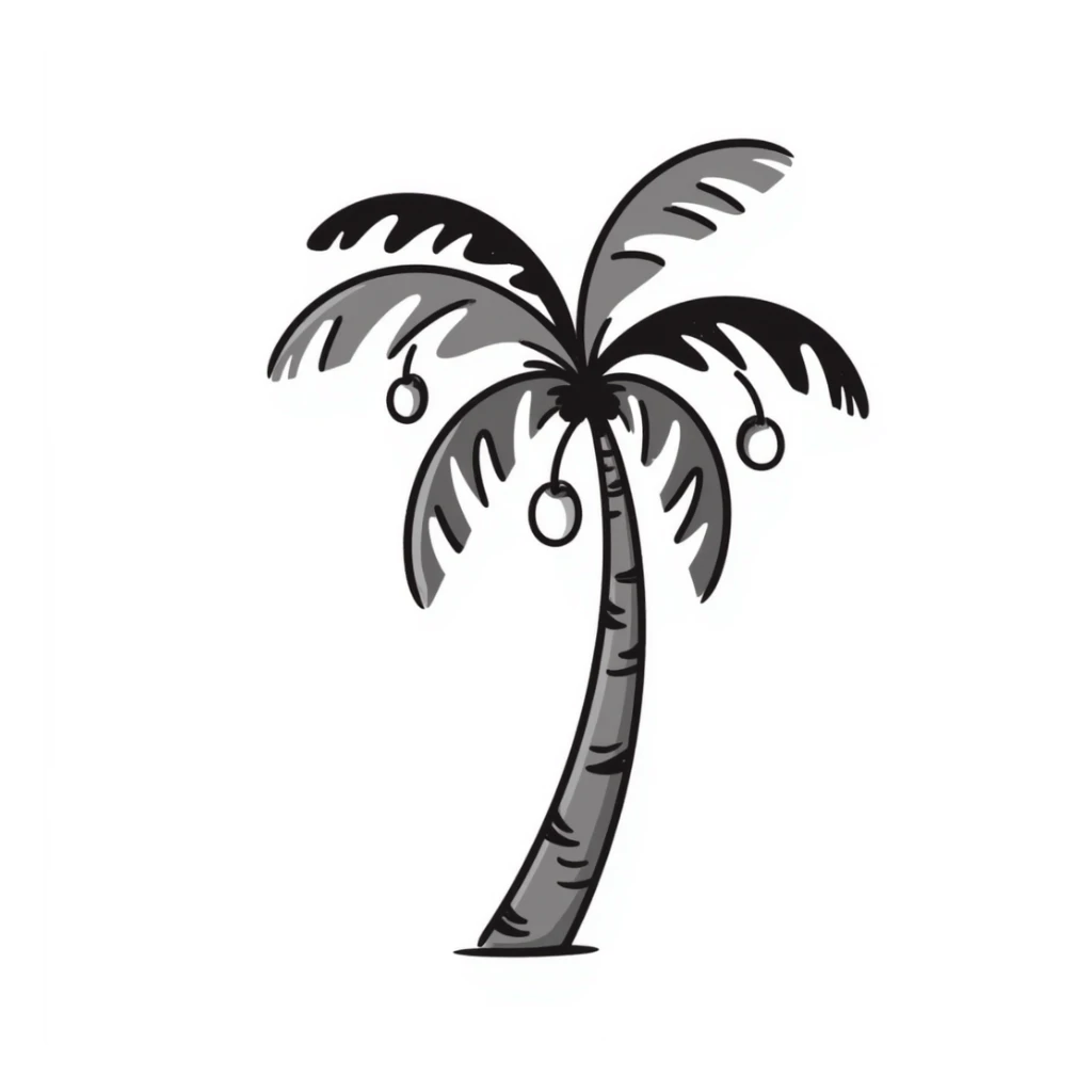 a palm tree with a curved trunk, large fronds, and coconuts, in pastel colors dd9fb0, ffc6d3, a3bfc9, c4bee2, f1b091, detailed hand-drawn doodle style sticker