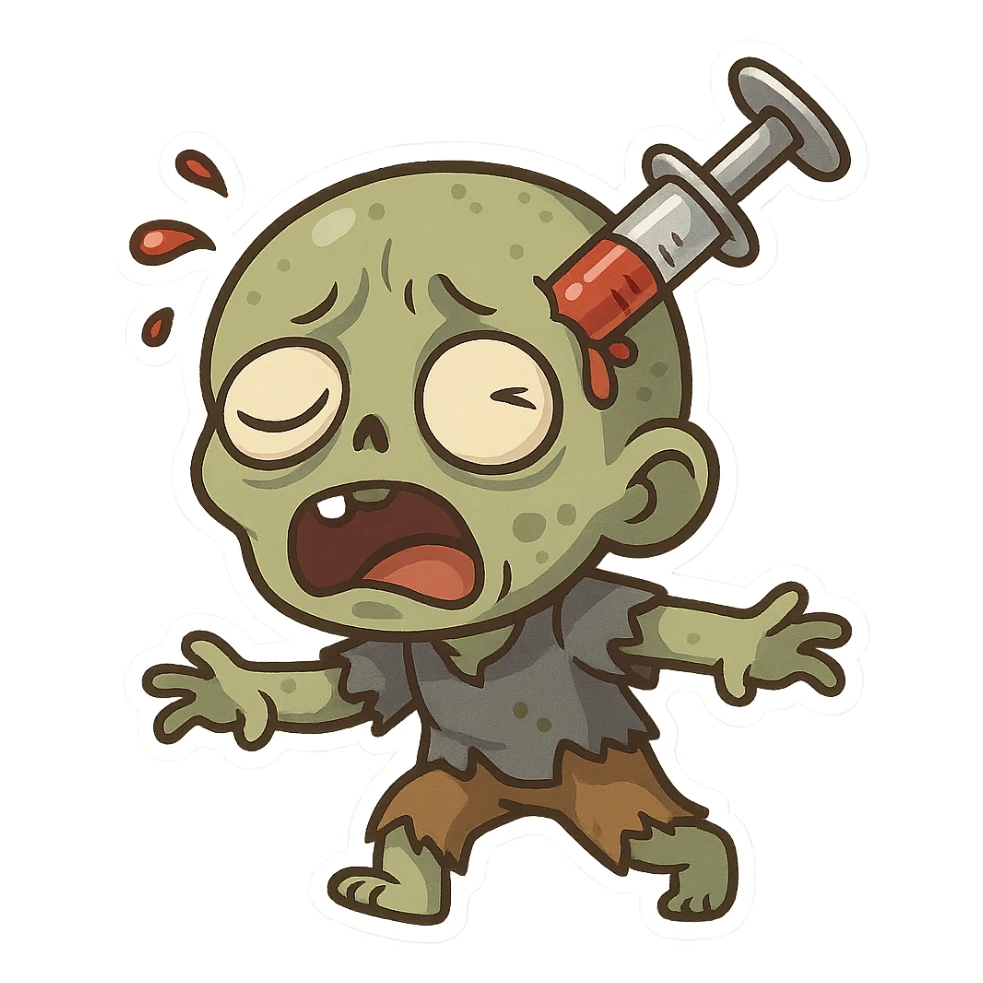 cartoon zombie with a large needle piercing its head, dramatic and funny, no background sticker