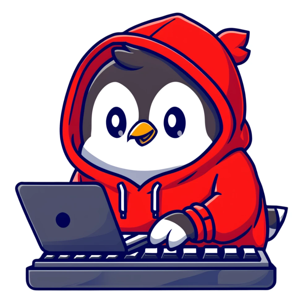 A penguin wearing a red hoodie looking focused while typing on a mechanical keyboard sticker