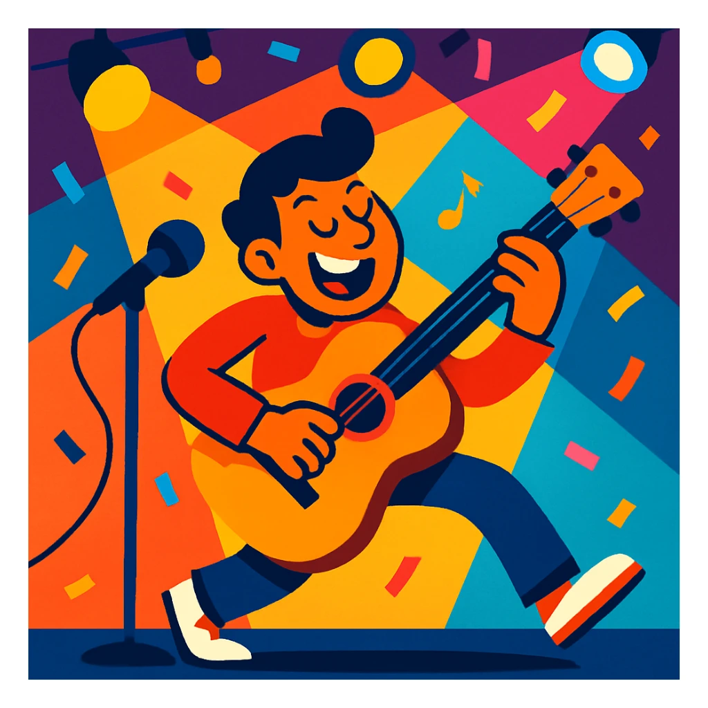 musician performing on stage, vibrant colors, energetic style sticker