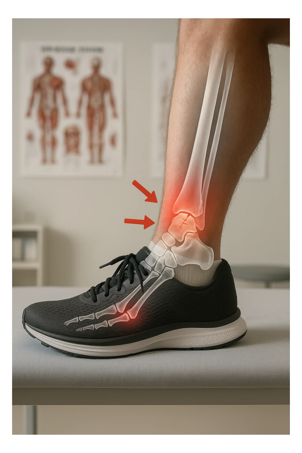 Realistic, vertical medical scene: a runner’s foot and lower leg are shown in profile, with a transparent overlay revealing a small stress fracture in the metatarsal bone. Red highlights and arrows indicate the area of pain and injury. The setting is a medical exam room, with anatomical charts in the background. sticker