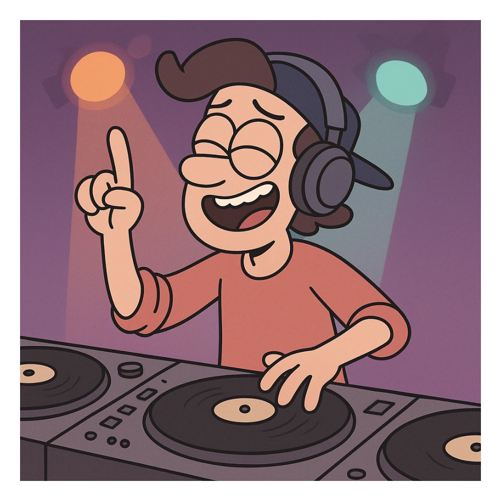 cartoon style deejay character spinning records with colorful lights sticker