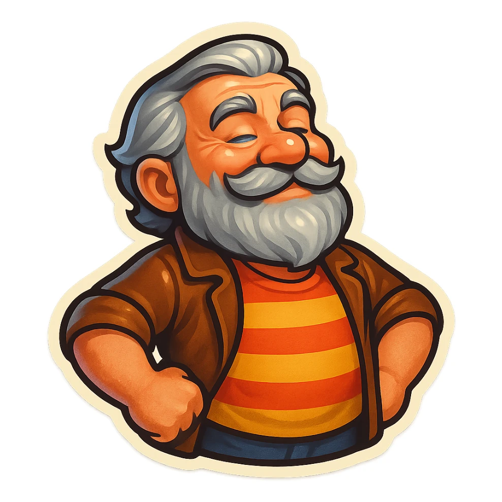 A dwarf with gray hair, a gray mustache, a gray beard, and gray eyebrows. He has blue eyes and wrinkles on his forehead. He is wearing a striped t-shirt and a brown jacket. The dwarf is displaying a pride emotion. sticker