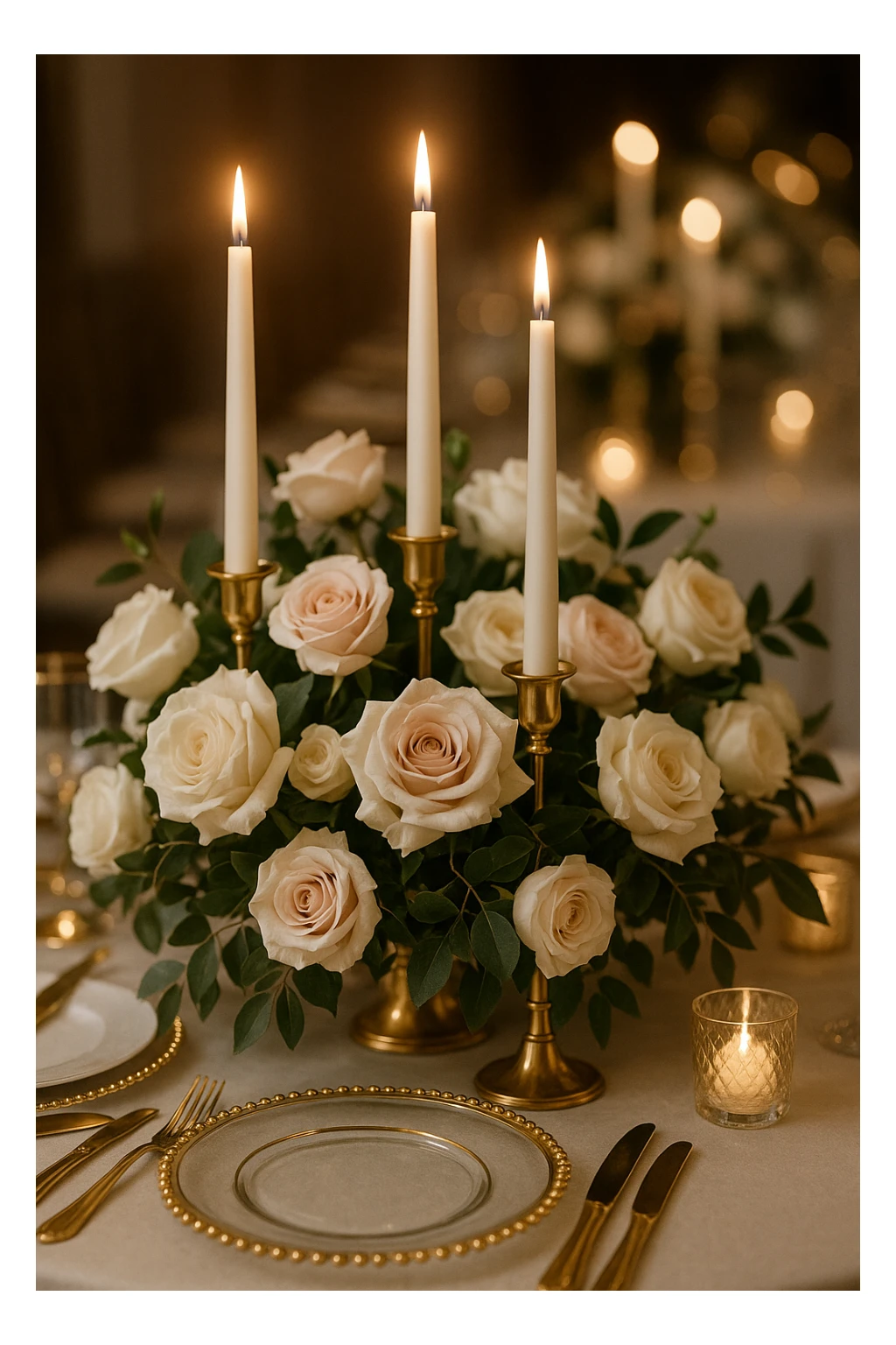 table centerpiece with candles and roses, gold accents, wedding decor sticker