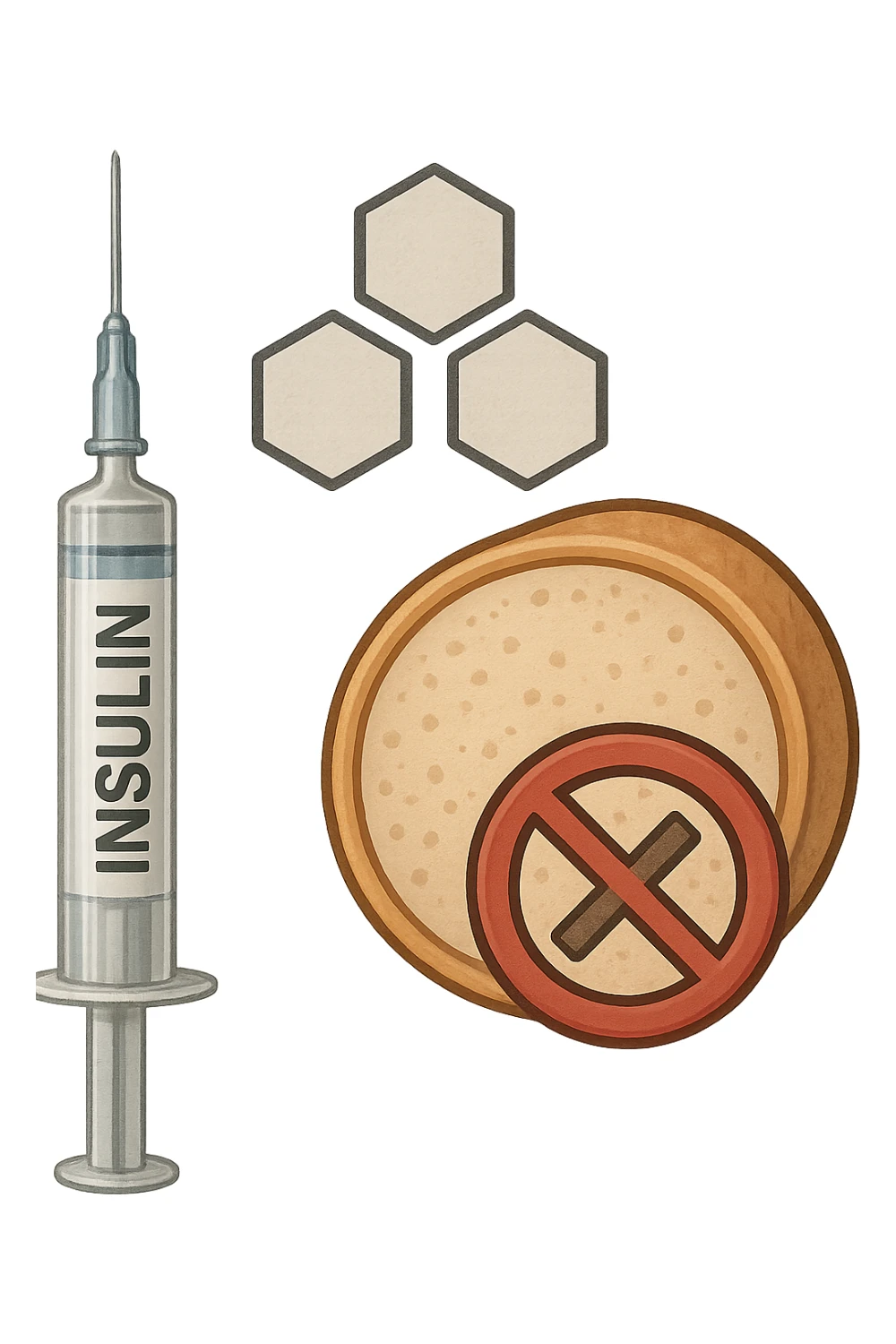 realistic and clear icon of insulin resistance, no background, 2:3 aspect ratio, symbol with insulin, glucose, and a cell with a block or resistance sign sticker