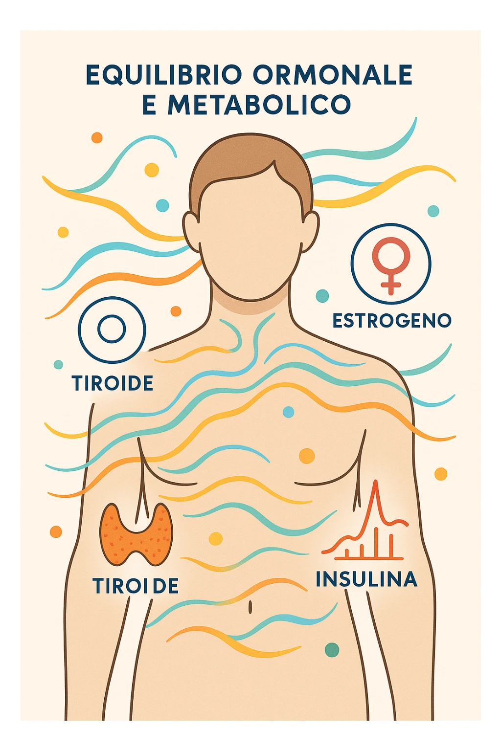 Il corpo è circondato da simboli delicati e bilanciati che rappresentano equilibrio ormonale e metabolico: piccoli cerchi, flussi energetici colorati, simboli stilizzati di tiroide, picco insulina, estrogeni. 4k immagine in italiano sticker