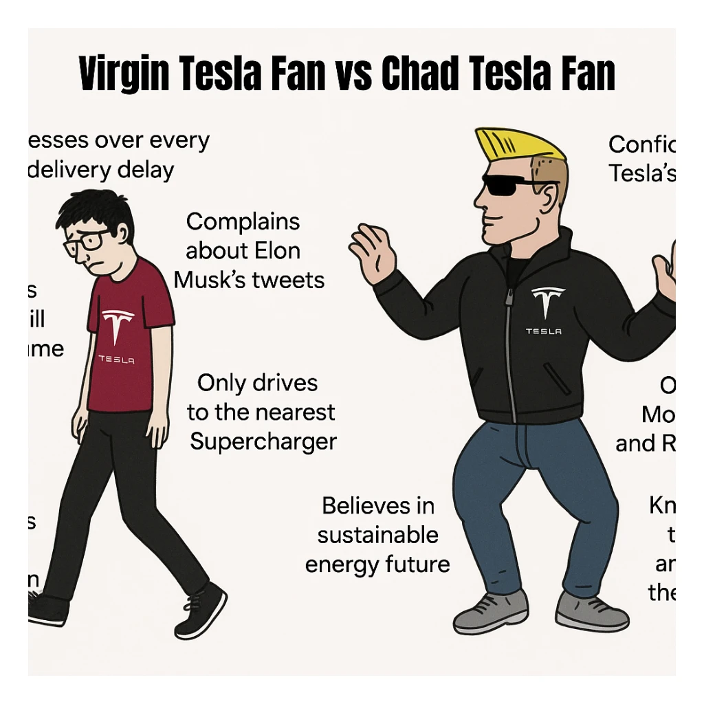 make virgin vs chad meme on tesla fan in above style  sticker