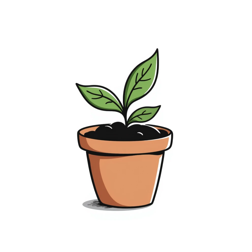 A small green plant in a pot with earth sticker