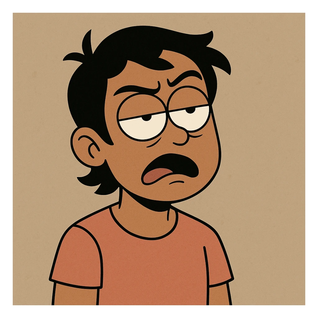 tan skinned person, black hair, exaggerated eye roll, minimal background sticker