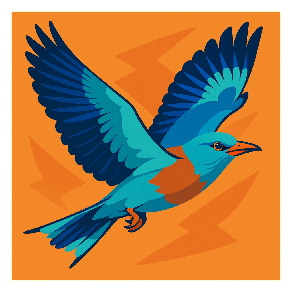 European Roller in flight, wings spread, showing blue and brown plumage, stylized illustration sticker