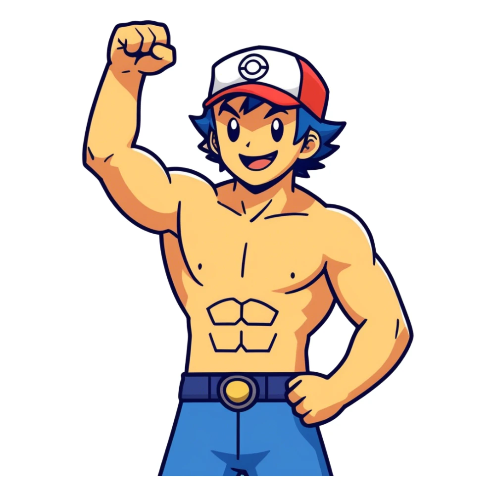 Hot handsome bara style  muscular 6ft 5inch tall smiling happy fun shirtless Ash Ketchum and friends, one fist raised in celebration  sticker