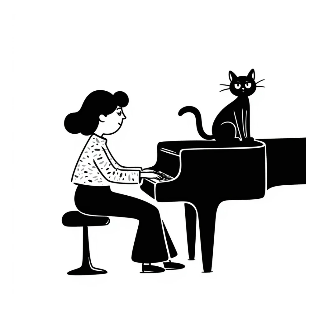 woman playing piano while her cat sits on top of the piano sticker