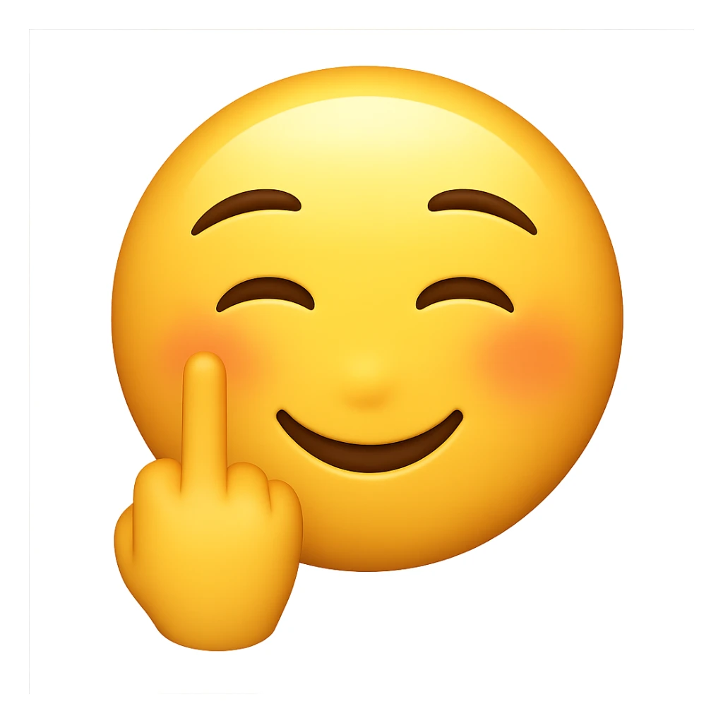 Combine the person in the photo with the smiling blushing emoji style, adding a middle finger gesture (🖕) to the emoji. Keep the background transparent. The style should resemble a typical emoji with expressive facial features and a clear middle finger gesture. sticker