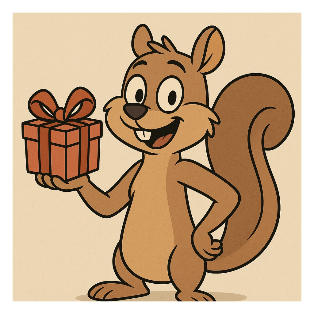 cartoon style squirrel holding a present with one hand, fun and friendly sticker