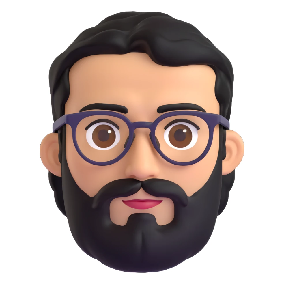 middle eastern man with medium length black beard, black hair, thick connected unibrow, tan skin, brown eyes, wearing glasses sticker