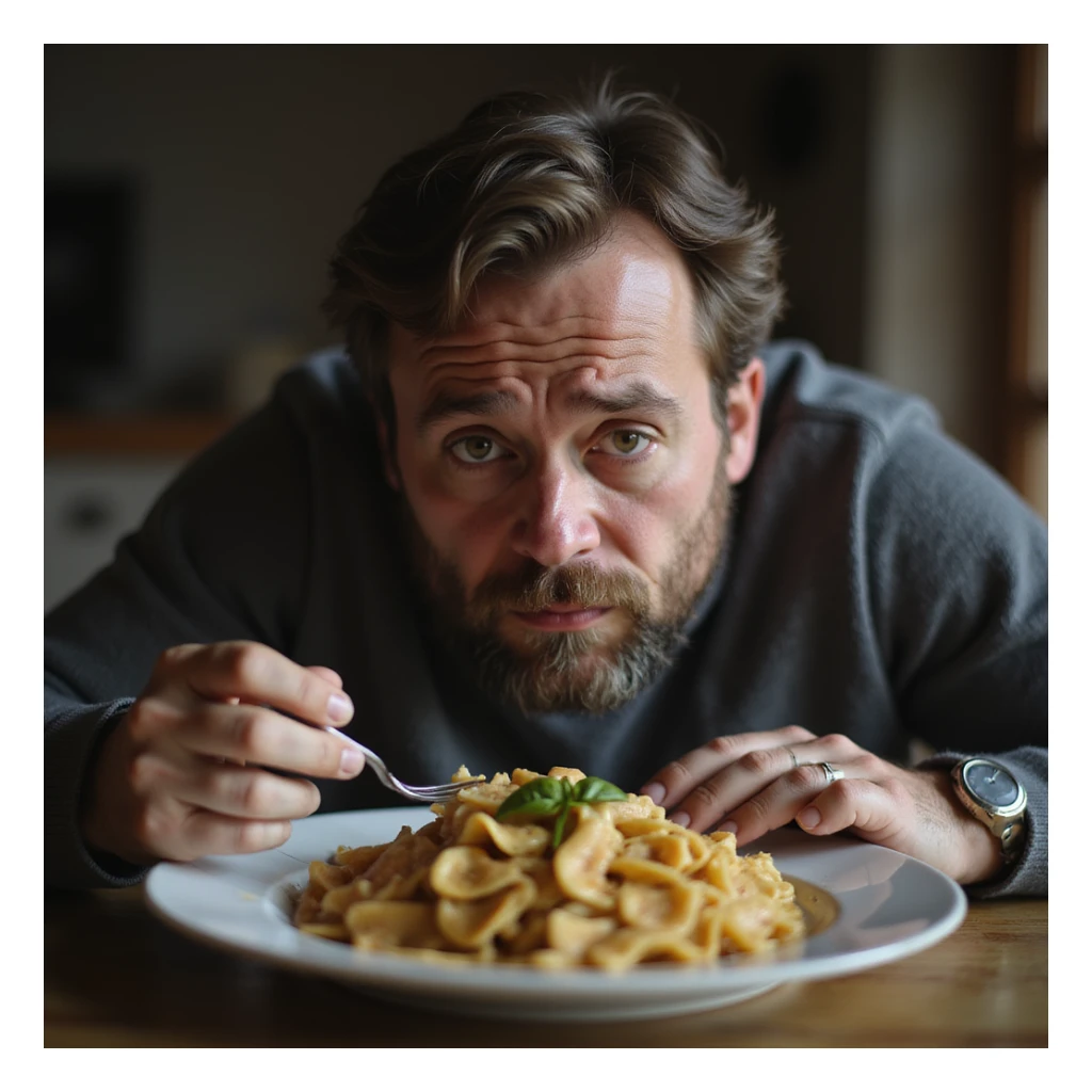 a sad man about 20 years old eating a plate of pasta, sad expression, hyperrealism 4K, variation 4 sticker