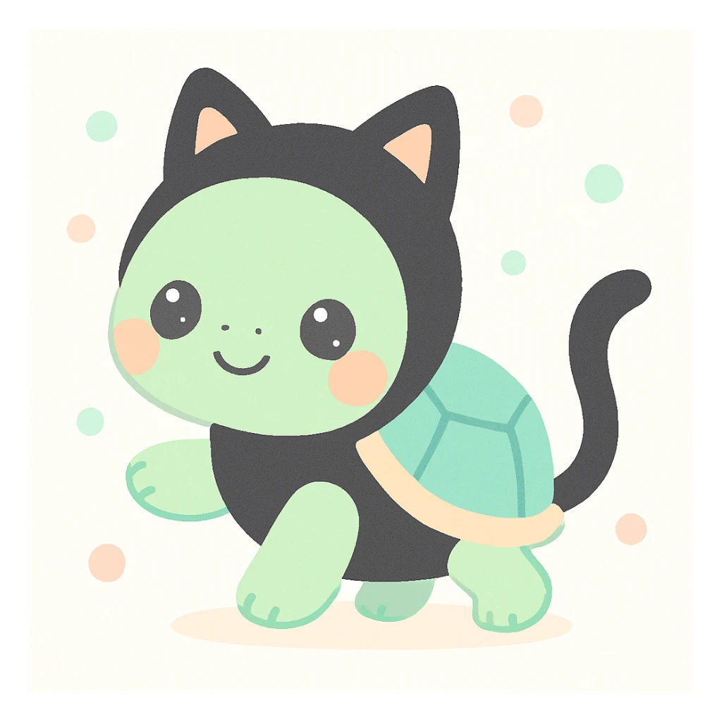 a tortoise dressed as a black cat, with cat ears and a tail, in a cute and playful pose sticker