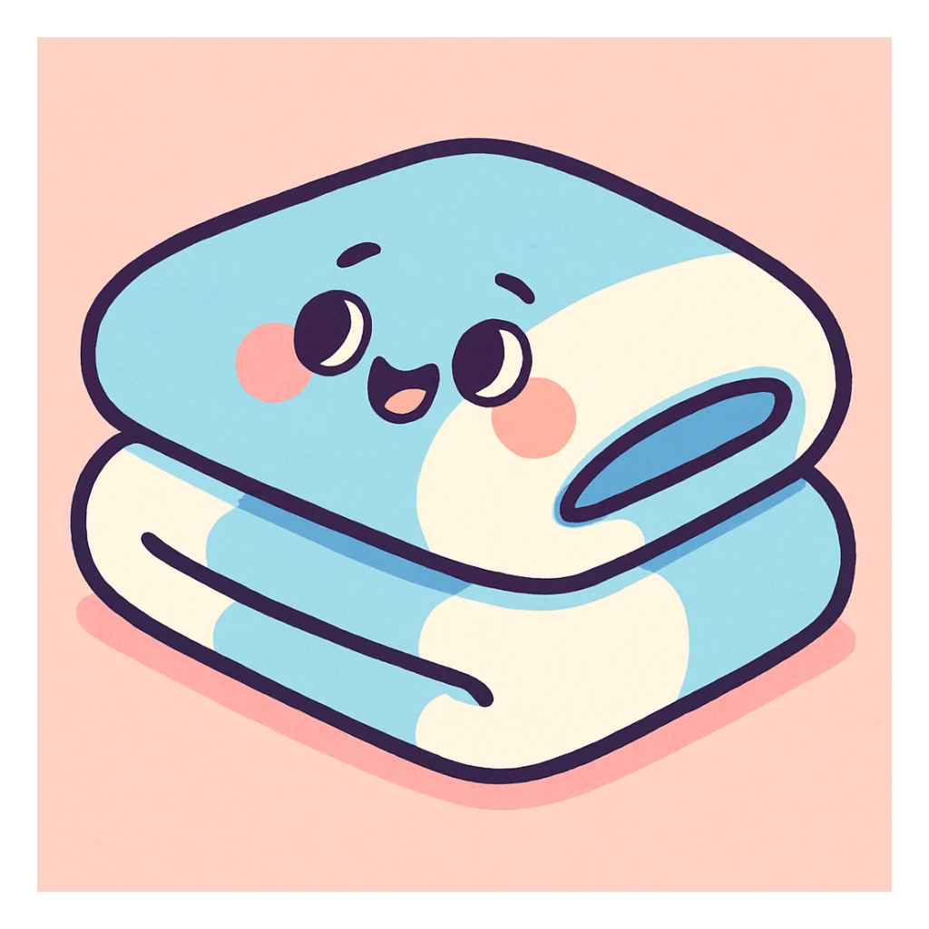 a neatly folded blanket in pastel blue and white, soft and cute appearance, pastel cartoon style sticker