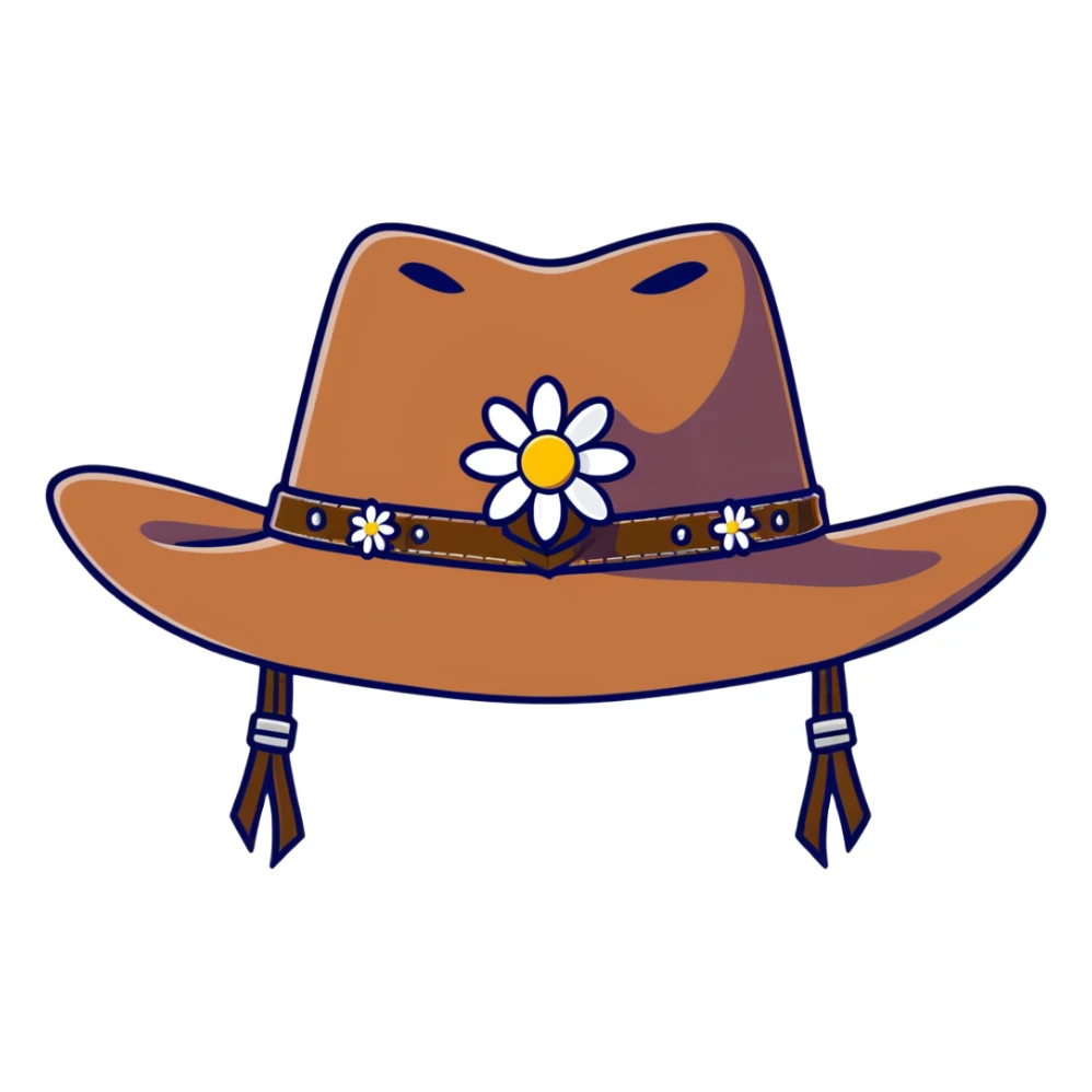 Black leather cowgirl hat with daisy flowers around the crown sticker