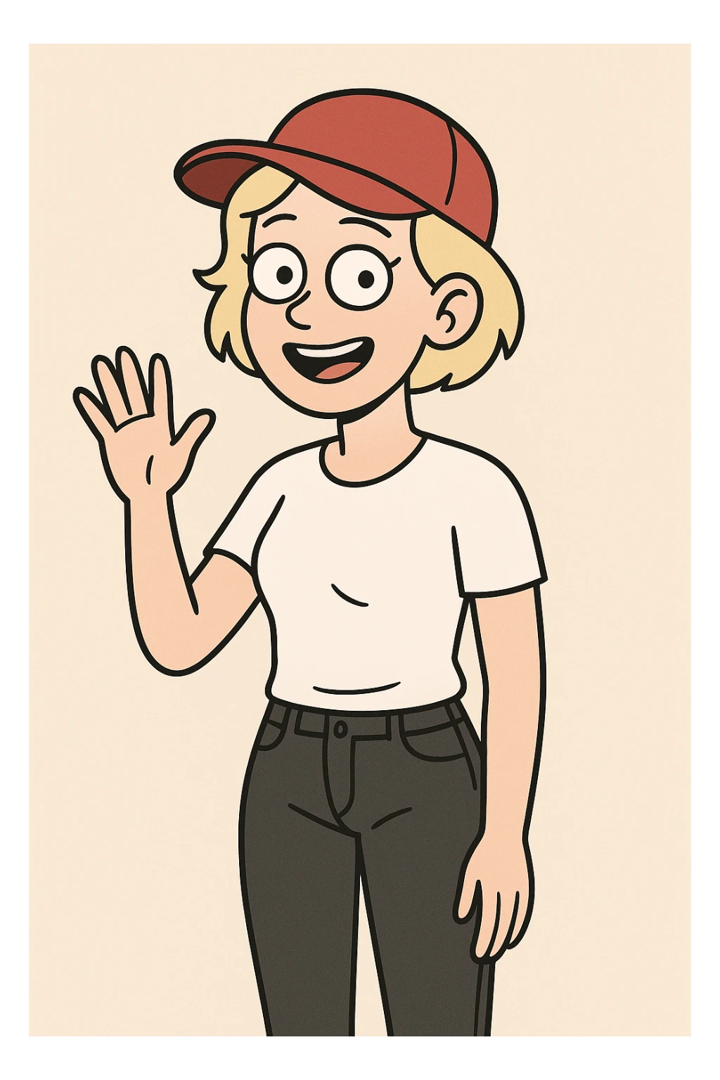 A woman Very Light Blonde short hair Red Ultimate panel Cap white top black jeans a hand say hello sticker