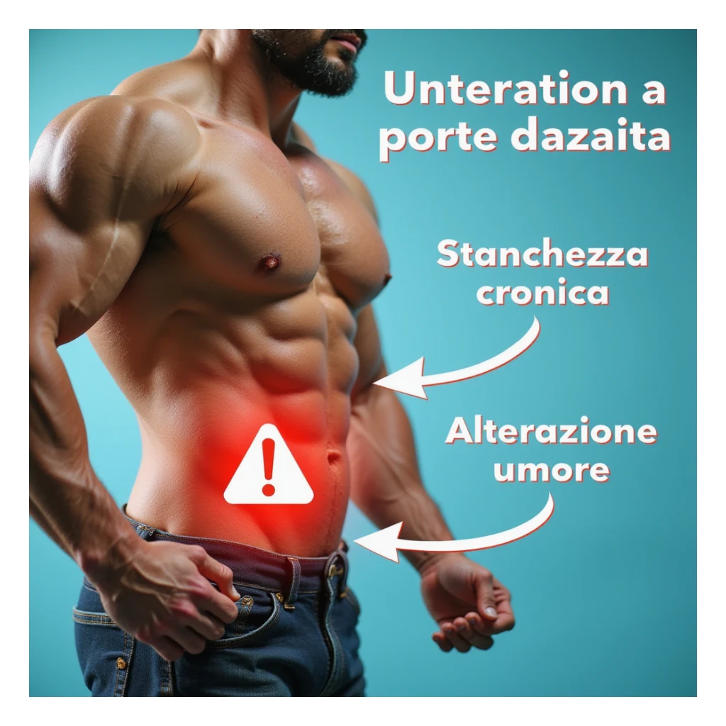 realistic infographic in Italian: side view bodybuilder, lower torso highlighted with attention symbol, arrows pointing to 'Stanchezza cronica' and 'Alterazione umore', vibrant colors, medical style, white background sticker