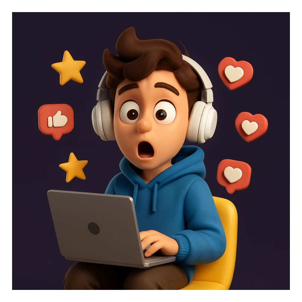 Create a detailed Generation Z character in a cartoonish 3D style with a surprised expression, wearing a blue hoodie, sitting on a yellow chair, holding a laptop and surrounded by floating icons of stars, likes and hearts.
The character should have stylised brown hair, large expressive eyes, white on-ear headphones and a soft, expressive Pixar-style look.
Depict the character in full, centred in the frame, with even studio lighting, soft shadows and a clean dark purple background for contrast. sticker
