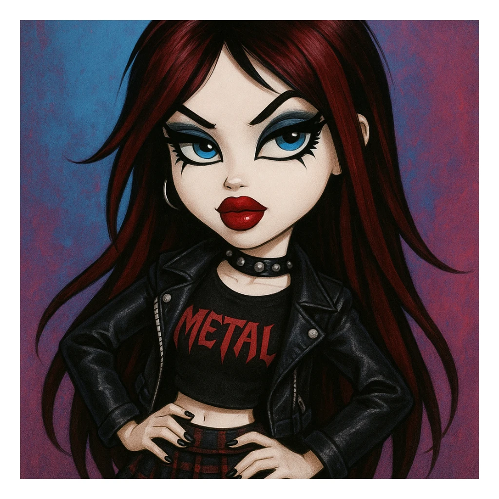 Pretty Bratz baddie with emo alternative style: long dark red hair, pale skin, blue eyes, strong black eyeliner, and a confident, stylish pose. sticker