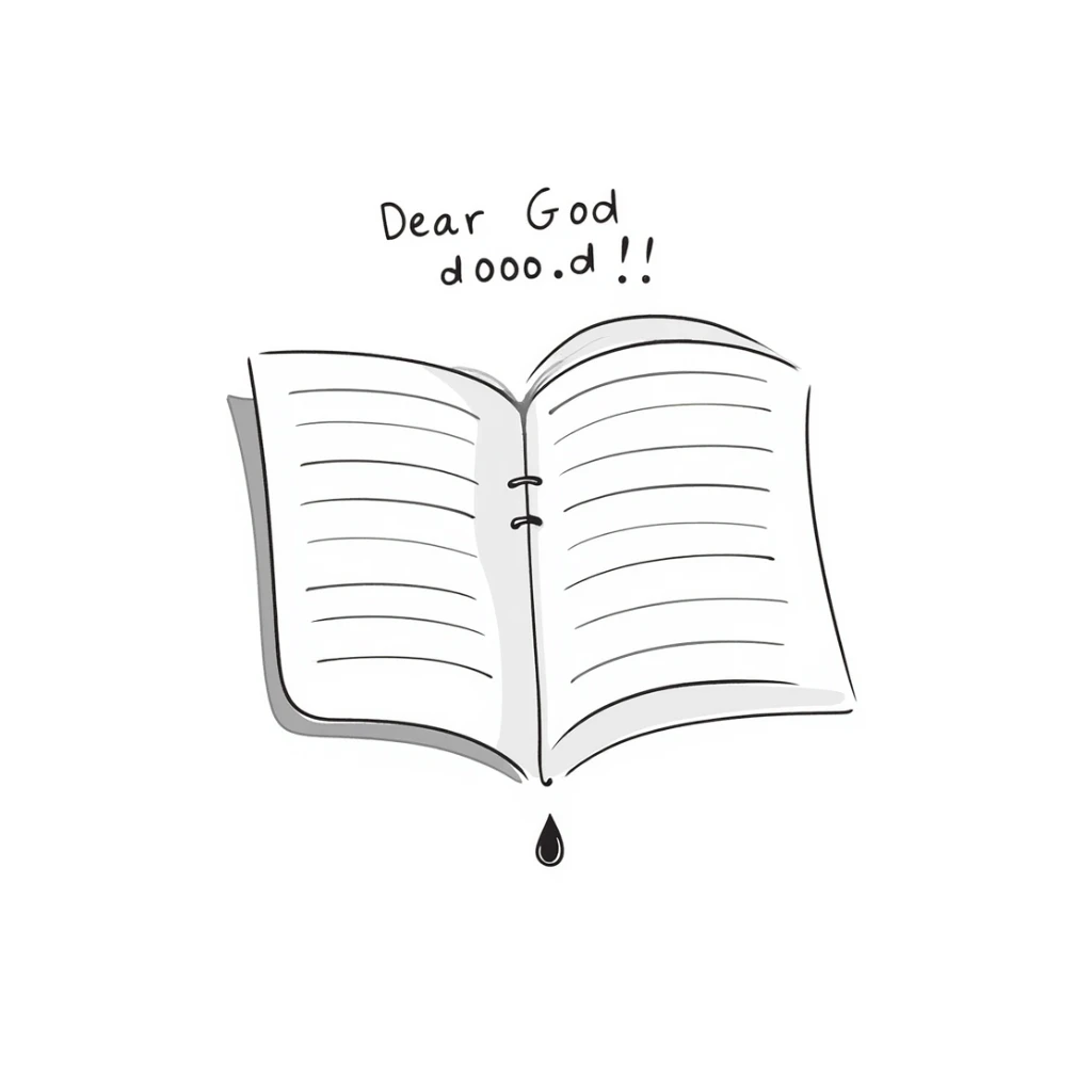 Hand-drawn notebook page with "Dear God" written at the top in a student's handwriting, looking like the start of a desperate essay sticker