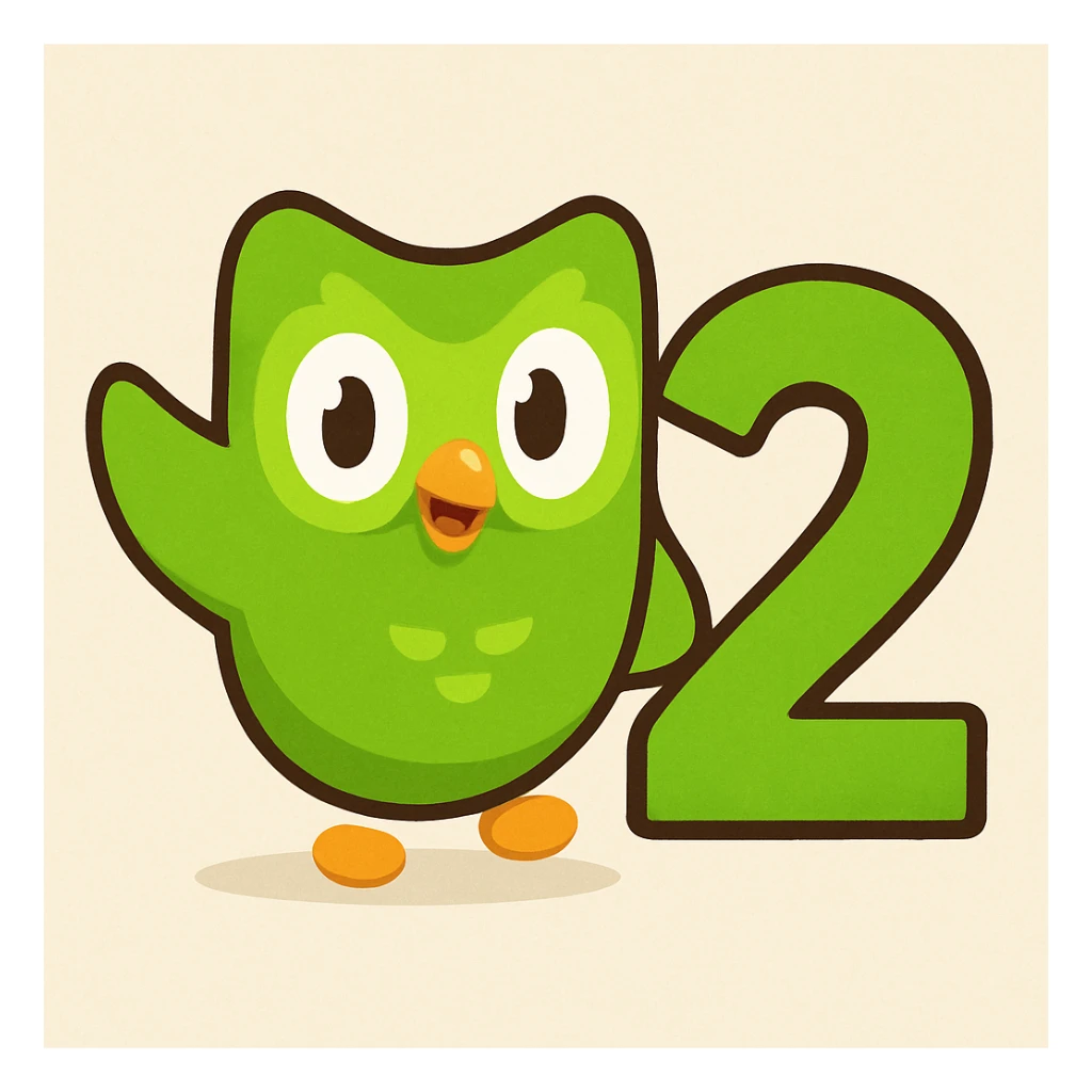 Duolingo-inspired icon with bold number 2, signature green and white palette, soft edges, cheerful vibe sticker