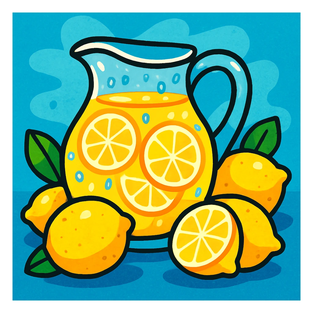 a pitcher of lemonade with condensation, surrounded by lemons, playful style, bright and cheerful colors sticker