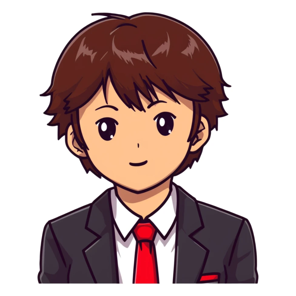 Kiyotaka Ayanokoji from Classroom of the Elite, calm and emotionless expression, brown hair with bangs, sharp eyes, wearing red school blazer with white shirt sticker