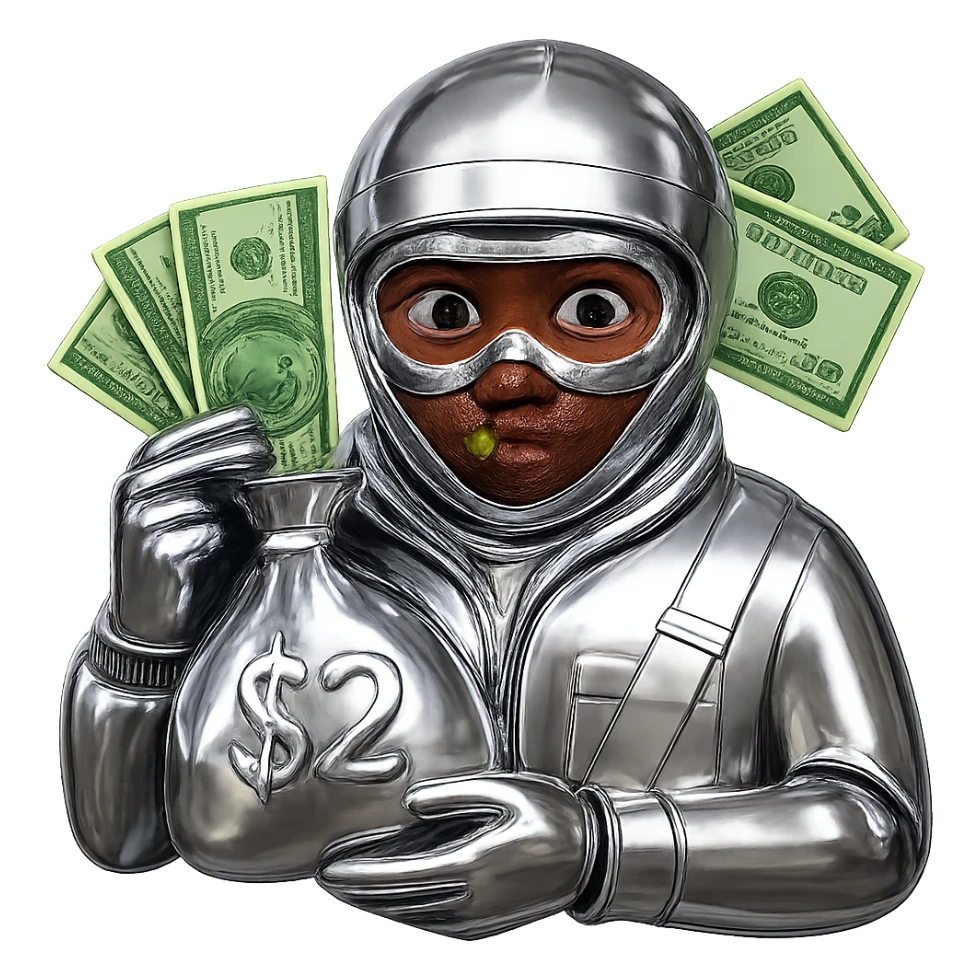 Edit the image to make the face brown and the money green, keep everything else in chrome 3D metallic style. Remove the background. sticker