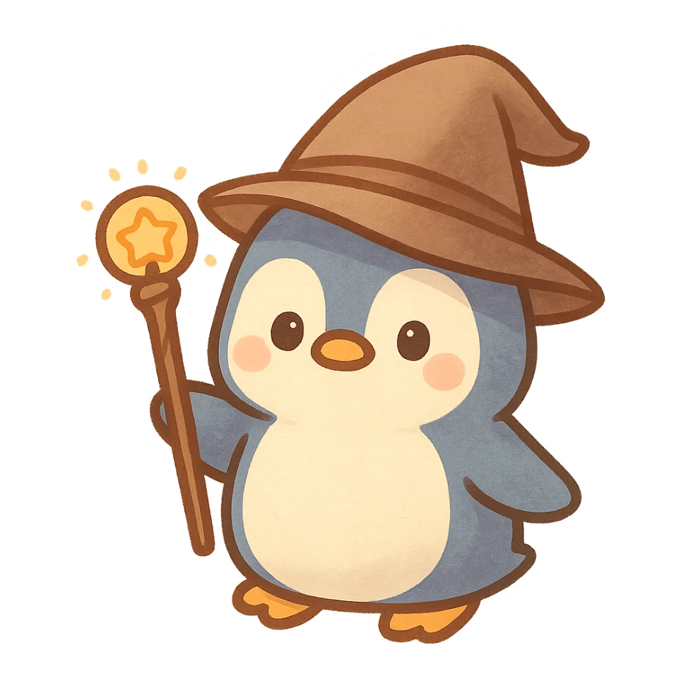 a penguin dressed as a wizard, wearing a pointed hat and holding a magic staff, in a fun and whimsical style sticker
