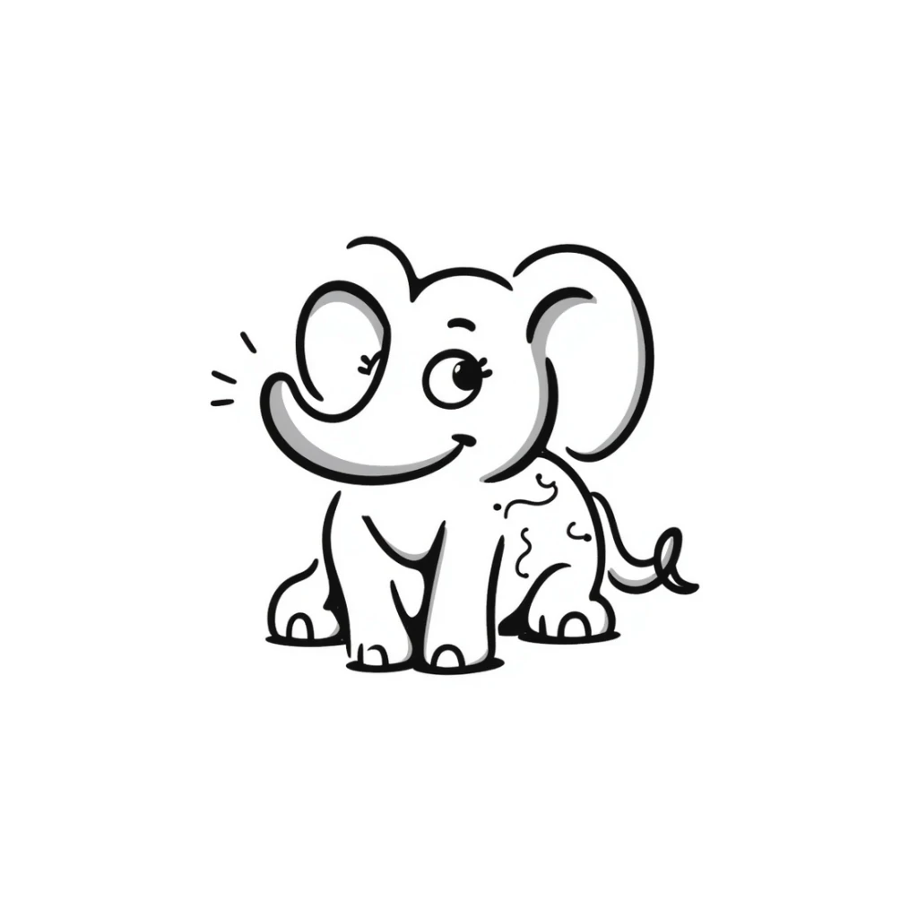 A hand-drawn wooden puzzle elephant toy with a silly cute expression and puzzle piece joints sticker