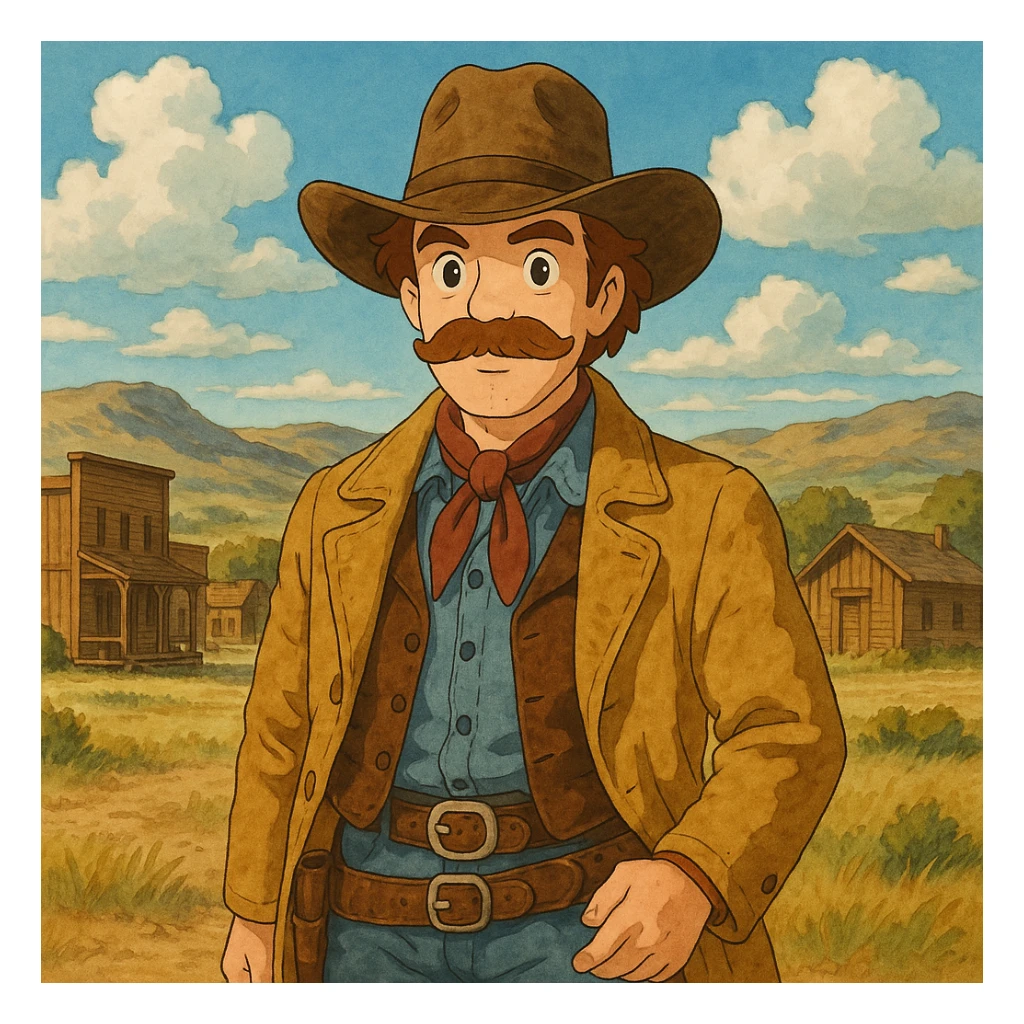 Wild West cowboy, whimsical and detailed, frontier landscape background sticker